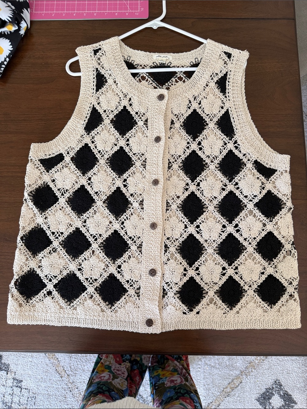 Ultra Pink Crochet Knit Button-Front Vest in Cream and Black